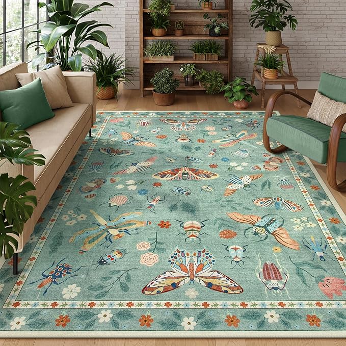 Lahome Insect Washable Rugs for Living Room, Soft 6x9 Area Rugs for Bedroom, Ultra-Thin Non Slip Green Area Rug Stain Resistant Throw Carpet for Dining Room Office Vionnet(6'x9',Green)