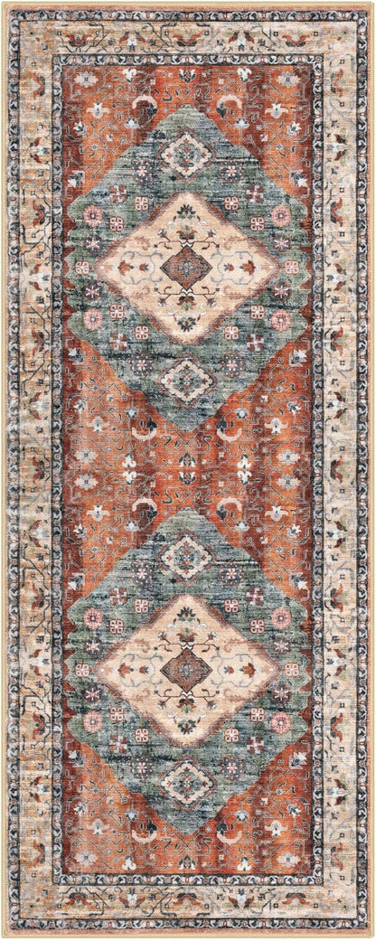 KOZYFLY Runners for Hallways 2.6x8 Ft Washable Kitchen Runner Rug Boho Runner Rug for Entryway Indoor Rust/Orange/Blue Printed Oriental Faux Wool Floor Carpet Runner for Bedroom Kitchen Hall