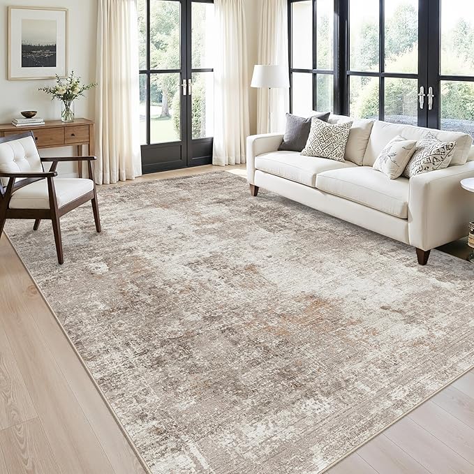 Washable 7x10 Area Rug for Living Room– Soft Non-Slip Carpet for Bedroom Dining Room,Modern Neutral Abstract Low Pile Stain-Resistant (Beige Grey)