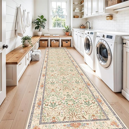 3x15 Ft Long Hallway Runner Rug - Non-Slip Washable Kitchen Runner Rug with Rubber Backing | Botanical Vintage Florals Wide Floor Carpet Runner for Indoor Entryway, Bedroom, Living Room Cream, 3x15