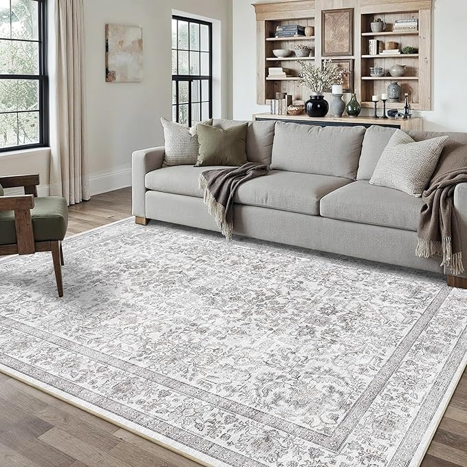 5x7 Gray Washable Area Rugs for Living Room Non Slip Low Pile Vintage Boho Throw Rug Soft Retro Distressed Floral Carpet Indoor Farmhouse Decor for Bedroom Dining Room Office Kitchen Playroom