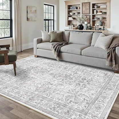 5x7 Gray Washable Area Rugs for Living Room Non Slip Low Pile Vintage Boho Throw Rug Soft Retro Distressed Floral Carpet Indoor Farmhouse Decor for Bedroom Dining Room Office Kitchen Playroom
