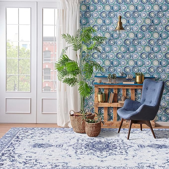 Sofrug Area Rug 8x10 - Vintage Floral Honeycomb Non Slip Backing Carpet - Blue Softer Thicker Faux Wool Rug - Lightweight Machine Washable Rugs for Living Room Bedroom Dining Room Home Office