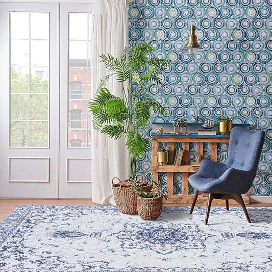 Sofrug Area Rug 8x10 - Vintage Floral Honeycomb Non Slip Backing Carpet - Blue Softer Thicker Faux Wool Rug - Lightweight Machine Washable Rugs for Living Room Bedroom Dining Room Home Office