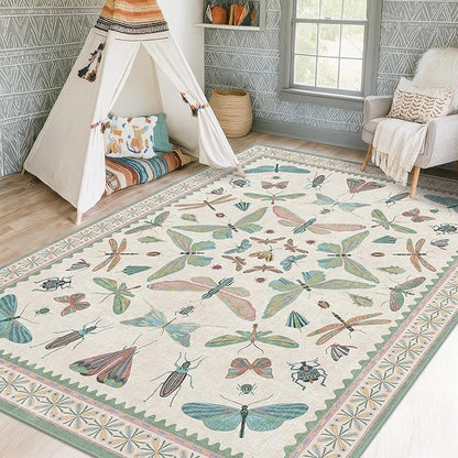 5x7 Pink and Green Nursery Rug - Colorful Rug for Playroom, Bedroom, Living Room, Insect Butterfly Floral Non-Slip Soft Carpet