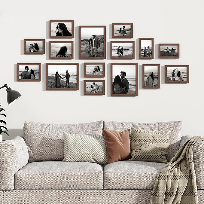 Venusmiles 15 Pack Picture Frames Collage Wall Decor, Gallery Frame Set for Wall Mounting or Tabletop Display, Multi Sizes Including 3pcs 8x10, 6pcs 5x7, 6pcs 4x6, Walnut