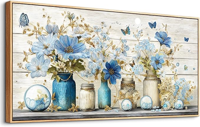 Wapluam Large Framed Wall Art,Floral Wall Art Bedroom,Blue Flowers Painting Prints,Retro Rustic Pictures Wall Decor,Farmhouse Canvas Artwork for Living Room Bathroom Kitchen Home Office Decoration