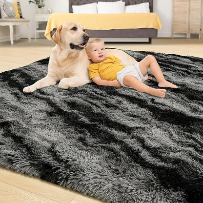 Tepook Soft Fluffy Rugs for Bedroom, 4x6 Area Rug for Living Room, Modern Shaggy Room Rug for Kids Boys Girls, Plush Throw Rugs Indoor Nursery Home Decor Rug with Non-Slip Bottom, Black Grey