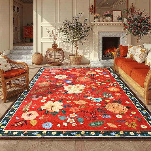 Macgace 5x7 Floral Rug for Girls Bedroom, Machine Washable Area Rugs with Non Slip Backingfor Living Room, Cute Flowers Carpet Kitchen Dining Room Kids Playroom Decor, Christmas Red