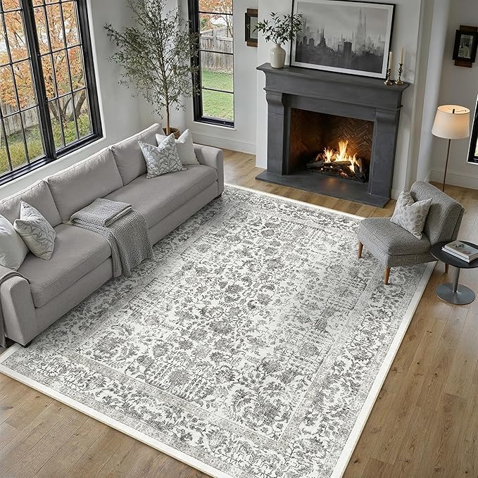 PureCozy Black Area Rug 6x9 Machine Washable Vintage Living Room Distressed Non Slip Carpet Traditional Indoor Bedroom Retro Floral Accent Throw Large Rug for Office Kitchen Dining Room