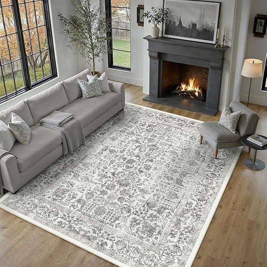 PureCozy Black Area Rug 6x9 Machine Washable Vintage Living Room Distressed Non Slip Carpet Traditional Indoor Bedroom Retro Floral Accent Throw Large Rug for Office Kitchen Dining Room