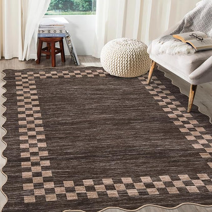GarveeHome 4x6 Area Rug Small Washable Living Room Rug Scalloped Rug with Rubber Backing Stain Resistant Low Pile Dining Room Throw Carpet Modern Bordered Mat for Bedroom Kitchen, Brown