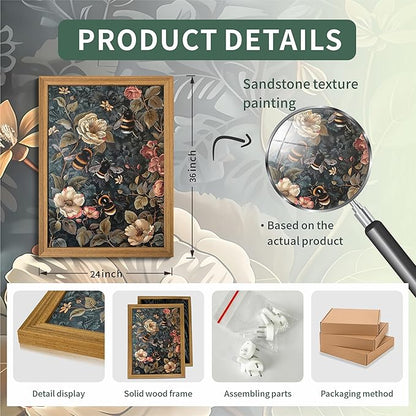 Framed 3D Textured Vintage Wall Art - Dark Academia Bumble Bee Hand Drawn Sandstone Paintings with Botanical Florals, Aesthetic Wall Decor for Living Room Bedroom Home 24x36 inch