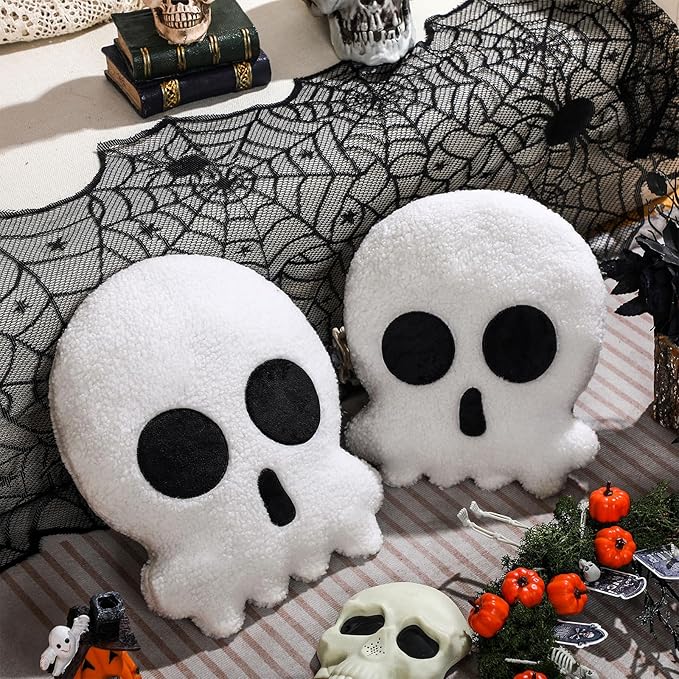 Wonderjune 2 Pcs Skull Skeleton Pillows Decorative Skull Throw Pillows for Sofa Bed Couch Stuffed Gothic Party Outdoor Home Decorations Christmas Halloween Skeleton Decor Cushion (14 Inch and 12 Inch)