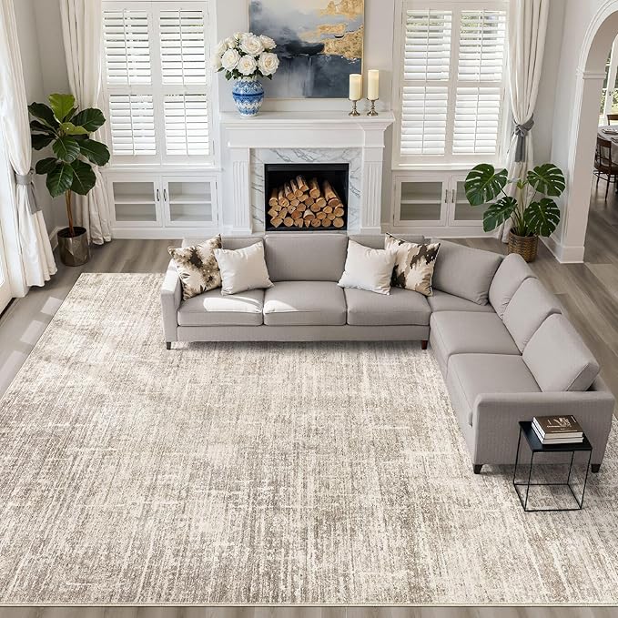10x13 Area Rug Living Room: Washable Large Neutral Brown Rugs Abstract Soft Modern Stain Resistant Indoor Floor Non-Slip Carpet for Bedroom Nursery Kids Office Playroom Dining Room Under Table Home