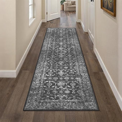 2x8 Black Runner Rug Hallway Washable Area Rugs Kitchen Vintage Boho Non Slip Long Rug Floral Carpet Indoor Retro Soft Low Pile Throw Rug for Bedroom Bathroom Laundry Dining Living Room Office