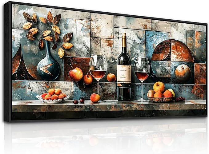 hyidecorart Large Framed Wall Art for Kitchen Vintage Wall Decor For Living Room Dining Room Decorations Modern Pictures Still Life Wine Glass Fruit Canvas Prints Painting Artwork Home Decor 32x72 In