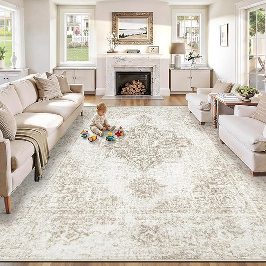 8x10 Area Rugs for Living Room, Washable Vintage Boho Neutral Medallion Rug Non Slip Low Pile Floor Carpet for Bedroom Dining Room Home Office (Beige, 8'x10')