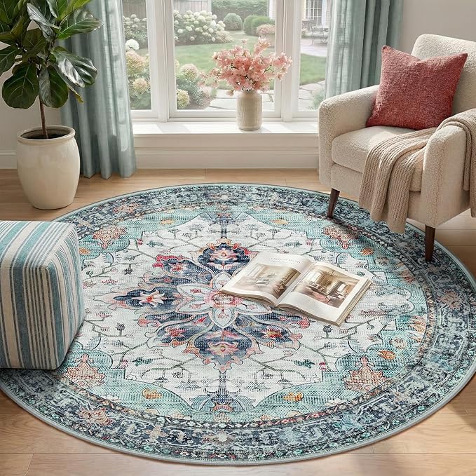 RELEANY Area Rugs Round 4ft Washable Non-Slip, Floral Vintage Distress Print Pattern Medallion Carpet for Living Room Bedroom Dining Room, Green Navy Blue White Red Teal Colorful