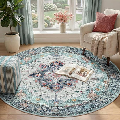 RELEANY Area Rugs Round 4ft Washable Non-Slip, Floral Vintage Distress Print Pattern Medallion Carpet for Living Room Bedroom Dining Room, Green Navy Blue White Red Teal Colorful