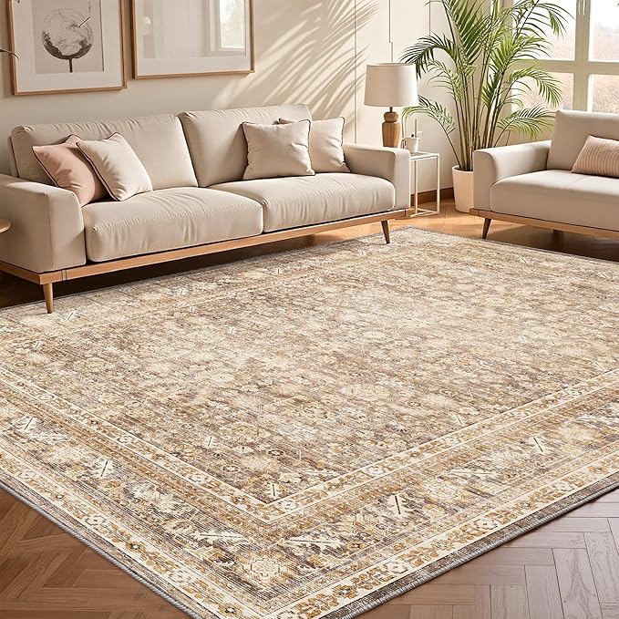 OPPODREAM Vintage Beige Area Rugs 10x14, 10 x 14 Retro Washable Rug Non Slip, Low-Pile Faux Wool Carpet, Distressed Tan Floor Mat for Living Room, Bedroom, Office, Dorm, Dinning Room, Big & Large