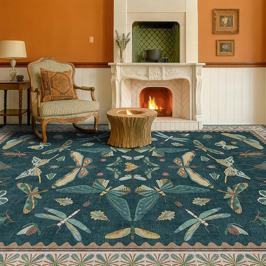 Hazo Haus Oriental Blue and Green Area Rugs for Living Room 6x9 - Insect & Butterfly Dining Table Rug, Bedroom Boys, Washable Non Skid Rubber Backed, Vintage Funky Home Décor
