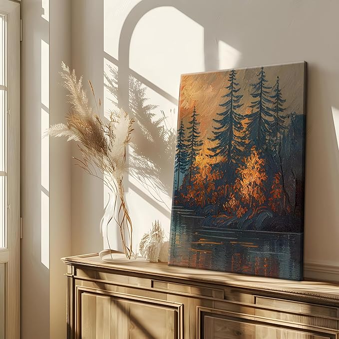 Framed Gold Mountain Forest Sunset Landscape Wall Art Set of 3, Abstract Boho Lakeside Forest Sunset Wall Decor, Vintage Nature Landscape Canvas Prints Poster for Living Room Bedroom Office 12x16 Inch
