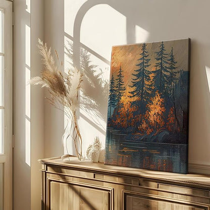 Framed Gold Mountain Forest Sunset Landscape Wall Art Set of 3, Abstract Boho Lakeside Forest Sunset Wall Decor, Vintage Nature Landscape Canvas Prints Poster for Living Room Bedroom Office 12x16 Inch