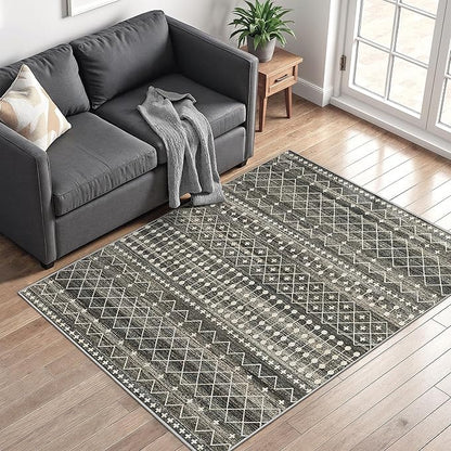 Miukiki 4x6 Area Rug for Living Room Moroccan Washable Rugs Non Slip Indoor Floor Carpet Foldable Large Soft Area Rug for Dining Room Bedroom with Low Pile(Black,4'x6')