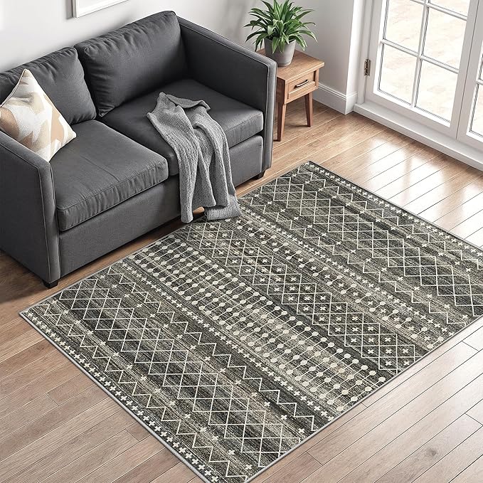 3x5 Washable Rug Moroccan Small Entryway Rug Non Slip Indoor Floor Carpet Foldable Thin Rugs for Kitchen Bedroom with Low Pile(Black,3'x5')