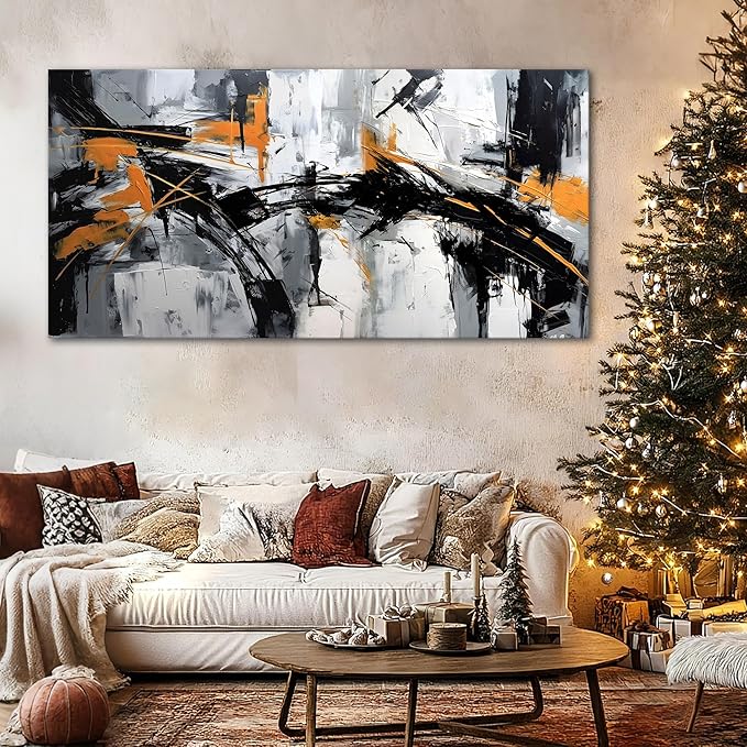 Large Abstract Canvas Wall Art Black and Orange Modern Wall Art for Living Room - Canvas Wall Decor for Office and Home - Framed Artwork for Walls Pictures for Bedroom Wall Decor 29×58IN