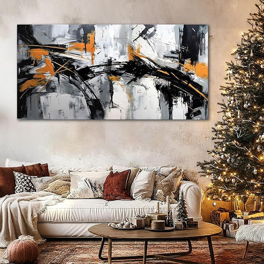 Large Abstract Canvas Wall Art Black and Orange Modern Wall Art for Living Room - Canvas Wall Decor for Office and Home - Framed Artwork for Walls Pictures for Bedroom Wall Decor 29×58IN