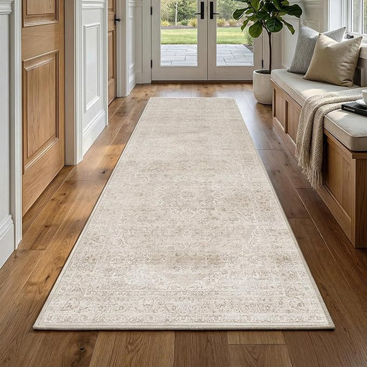 FMFUNCTEX 2x8 Runner Rug Beige Washable Vintage Neutral Distressed Oriental Non Slip Low Pile Indoor Carpet Retro Hallway Entryway Rug for Kitchen Laundry Bedroom Bathroom Entry Bedside Living Room