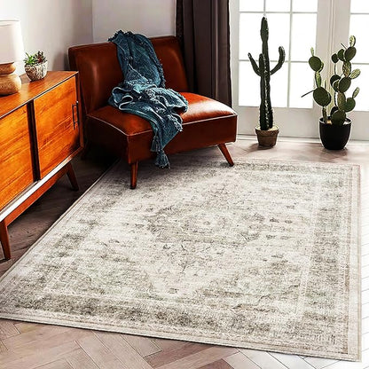 CHAMPLANT Area Rug 5'x7' Washable Rug Floral Khaki Traditional Floor Cover Thin Retro Kitchen Indoor Distressed Non Slip Carpet for Living Room Bedroom Dining Room