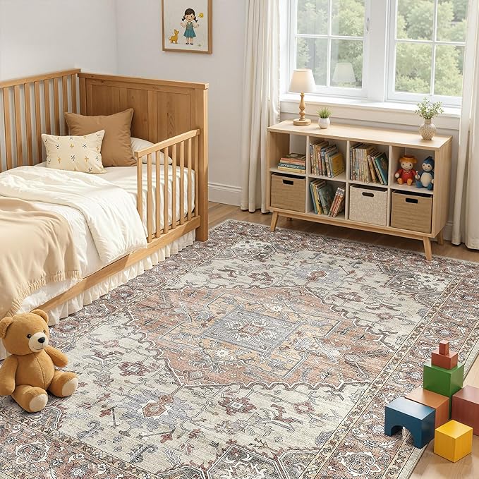6x9 Washable Area Rugs for Living Room: Non Slip Vintage Brick Red Rug, Large Soft Stain Resistant Indoor Floor Carpets for Bedroom Dining Room Nursery Home Office Kid & Pet Friendly
