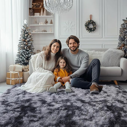 Grey Fluffy 8x10 Large Area Rugs for Bedroom Living Room,Tie-Dye Dark Gray Soft Washable Shag Carpet for Kids Room, Nursery, Dorm Decor, Colorful Cute Plush Fuzzy Rugs for Baby Toddler