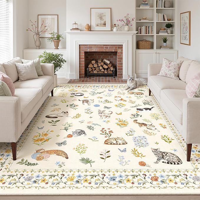 Soalmost Cat 8x10 Area Rugs for Living Room, Machine Washable Animal Floral Vintage Rug Non-Slip Low Pile Soft Throw Large Rugs for Classroom Bedroom Dining Room Nursery Playroom (8 x 10,Beige)