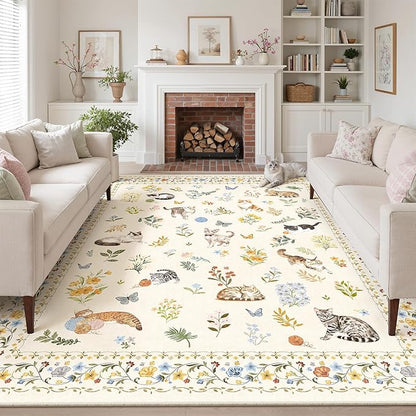 Soalmost Cat 8x10 Area Rugs for Living Room, Machine Washable Animal Floral Vintage Rug Non-Slip Low Pile Soft Throw Large Rugs for Classroom Bedroom Dining Room Nursery Playroom (8 x 10,Beige)