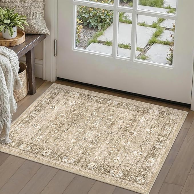 2x3 Beige Entryway Rug Non Slip Washable Area Rug Soft Khaki Vintage Boho Throw Rug Retro Distressed Floral Carpet Indoor Farmhouse Low Pile Small Door Mat for Kitchen Bathroom Bedroom Laundry Office