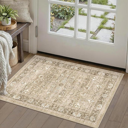 2x3 Beige Entryway Rug Non Slip Washable Area Rug Soft Khaki Vintage Boho Throw Rug Retro Distressed Floral Carpet Indoor Farmhouse Low Pile Small Door Mat for Kitchen Bathroom Bedroom Laundry Office