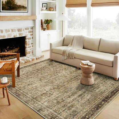 CHAMPLANT Area Rug 4x6 Washable Rug Brown Vintage Traditional Floor Cover Foldable Thin Retro Kitchen Accent Indoor Distressed Non Slip Carpet Floral Print Mat Bedroom Living Room