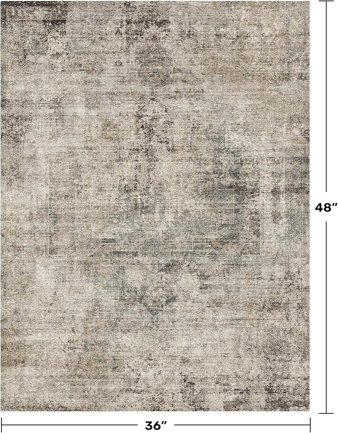3x4 Indoor Floor Mats for Entryway - Taupe Washable Farmhouse Area Rug for Bedroom, Kitchen, Laundry Room, Brown Vintage Home Décor, Low Pile & Soft Stain Resistant Carpet
