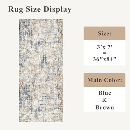 3x7 Washable Non-Slip Kitchen Runner Rug – Modern Abstract Neutral Beige & Gray Carpet for Hallway, Entryway, Bedroom, Laundry Room – Low-Pile Thin Wide Floor Runner with Rubber Backing（Blue Brown）