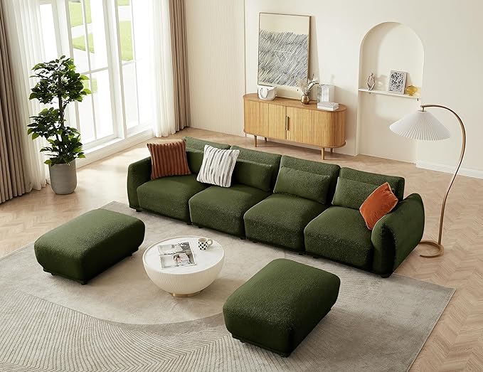 U Shaped Cloud Sectional, Convertible L Shaped Couch with Removable Ottomans,Modular Cloud Couch Sectional for Living Room(4 Set + 2 Ottomans - Green)