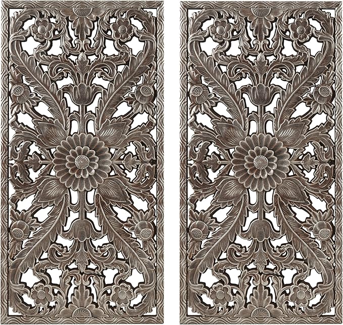Madison Park Wall Art Living Room Décor - Floral Antiqued Wooden Carving Wall Decor Panel, Silver Embellished, Ready to Hang Wall Decor for Bedroom, 15.75"W x 31.5"L x 0.59"D, Bronze, 2 Piece