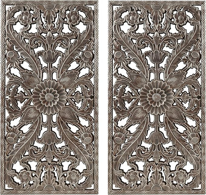 Madison Park Wall Art Living Room Décor - Floral Antiqued Wooden Carving Wall Decor Panel, Silver Embellished, Ready to Hang Wall Decor for Bedroom, 15.75"W x 31.5"L x 0.59"D, Bronze, 2 Piece
