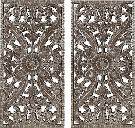 Madison Park Wall Art Living Room Décor - Floral Antiqued Wooden Carving Wall Decor Panel, Silver Embellished, Ready to Hang Wall Decor for Bedroom, 15.75"W x 31.5"L x 0.59"D, Bronze, 2 Piece