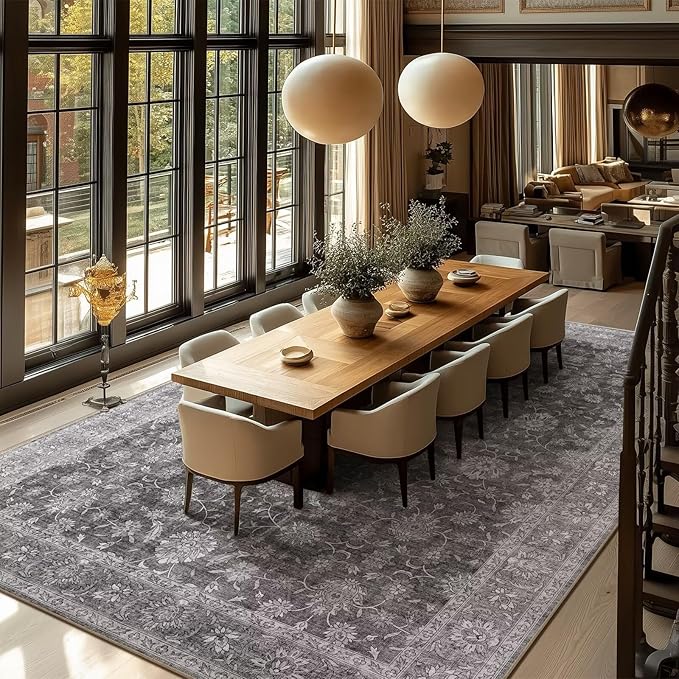 Washable 10x14 Area Rugs for Living Room, Boho Non-Slip Vintage Distress Large Rugs for Bedroom Dining Room Office, 0.3" Neutral Oriental Throw Thin Carpet, Grey/Multi, E3