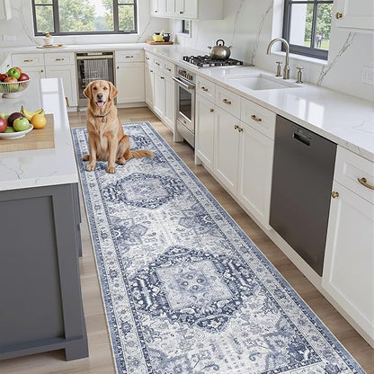 Washable Runner Rug 2.6x10- Non Slip Vintage Hallway Runner Rugs for Kitchen, Stain Resistant Long Carpet for Living Room Entryway Bedroom Laundry Navy/Blue