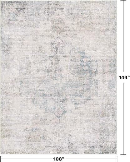9x12 Washable Area Rug for Living Room, Large Light Blue Vintage Medallion Rug, Non Slip Low Pile Stain Resistant Carpet for Bedroom Dining Room, Soft Distressed Neutral Home Decor